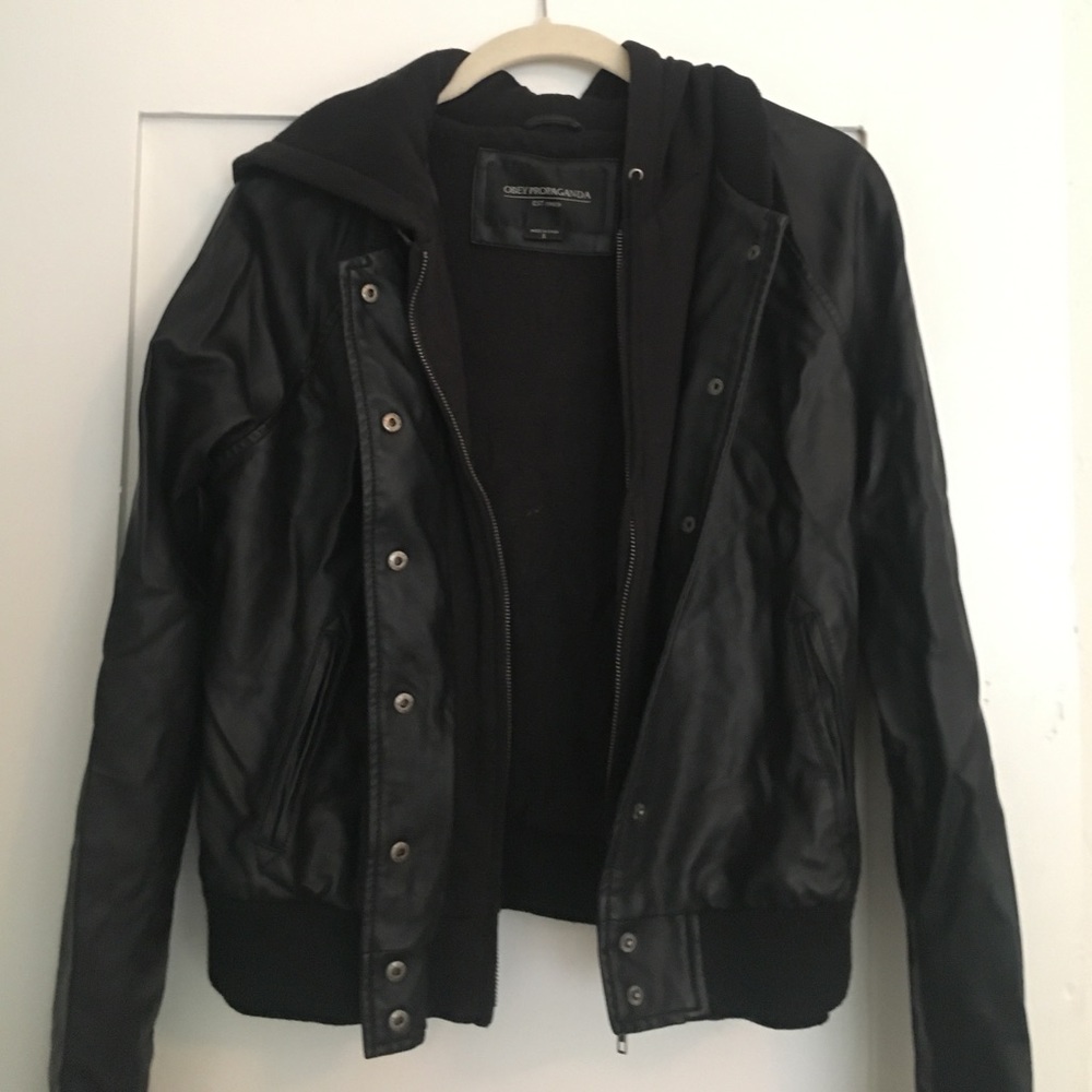 Obey faux leather hooded bomber