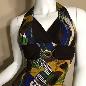 Brown/green/mustard/cream/gold pattern top