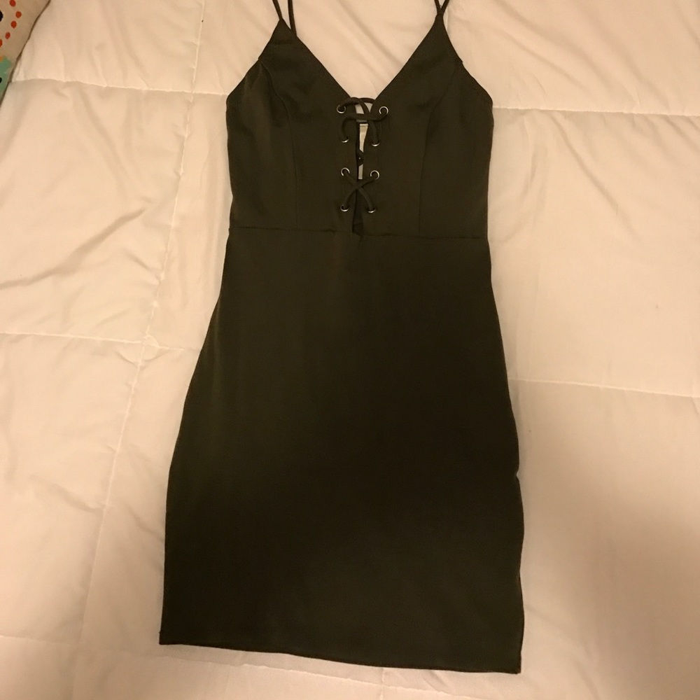 Olive green lace up mini body con dress