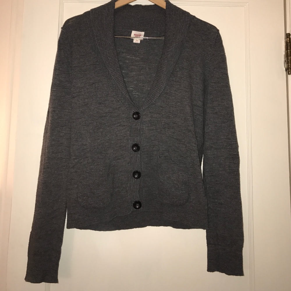 Gray cardigan.