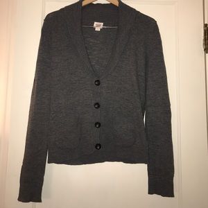 Gray cardigan.