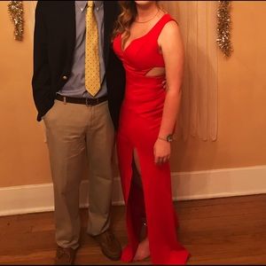 Red long formal dress with cutouts