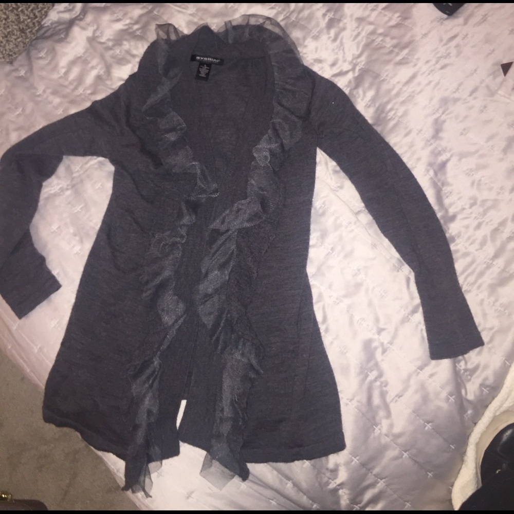 Merino wool gray ruffled cardigan