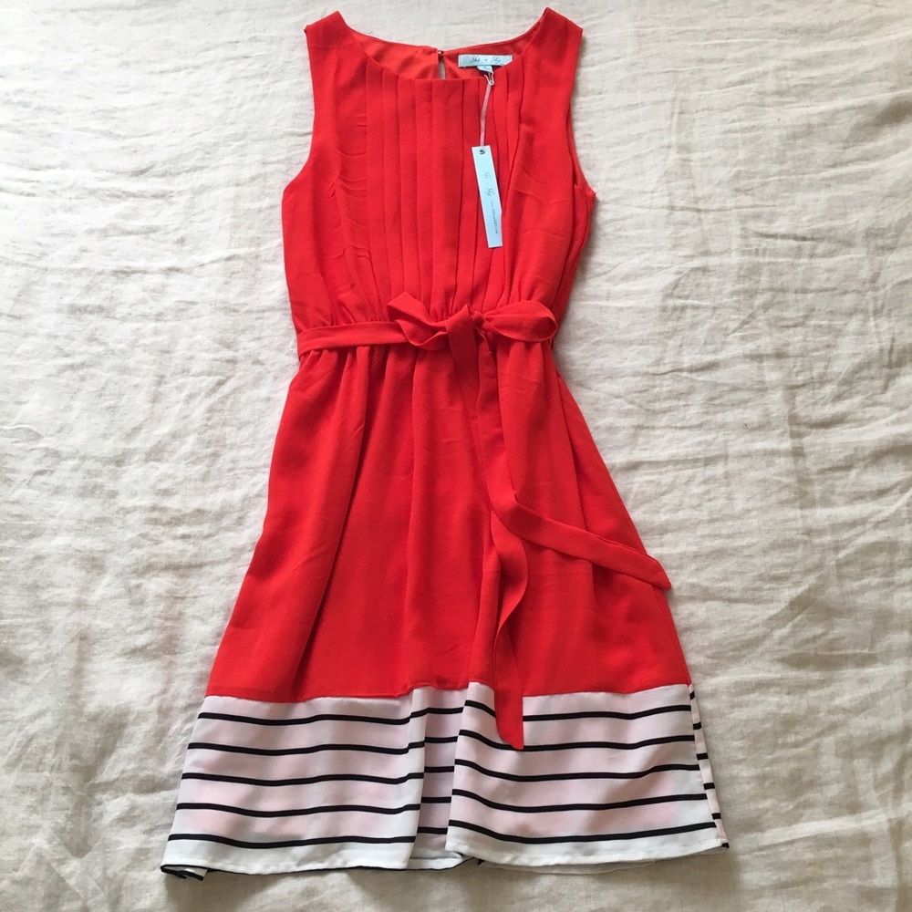 Pleated bust, striped hem dress.