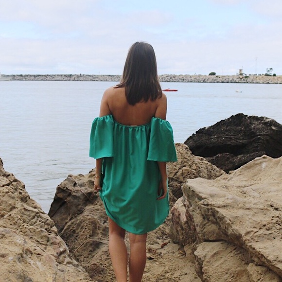 teal off the shoulder dress - Picture 3 of 4