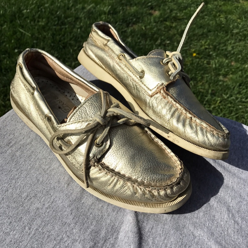 Gold leather sperry boat shoes