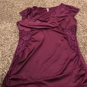 Purple V neck silk top with lace detail