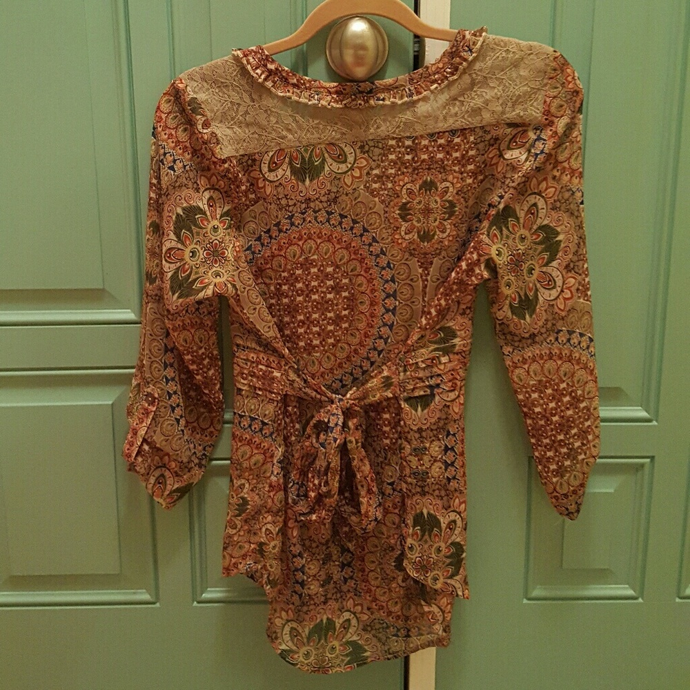 BKE sheer blouse with lace on shoulders