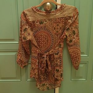 BKE sheer blouse with lace on shoulders