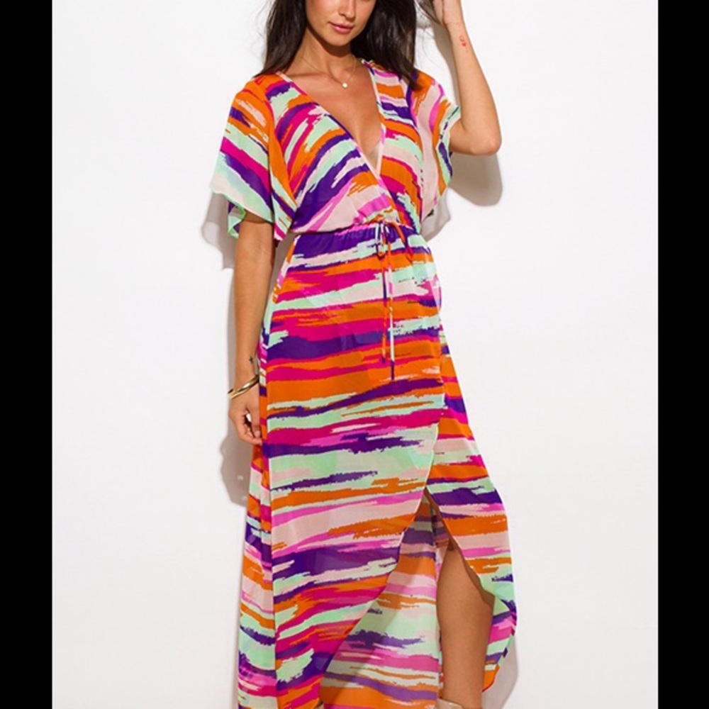 Pink Purple Abstract Print Kimono Maxi Dress 💋 - Picture 2 of 8