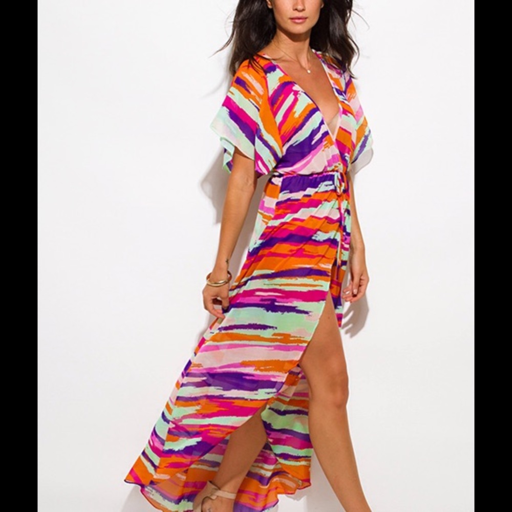 Pink Purple Abstract Print Kimono Maxi Dress 💋 - Picture 3 of 8