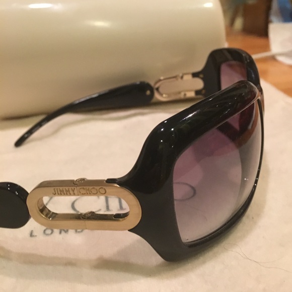 NWOT Jimmy Choo Logo Black W Gold Sunglasses WCase - Picture 2 of 8