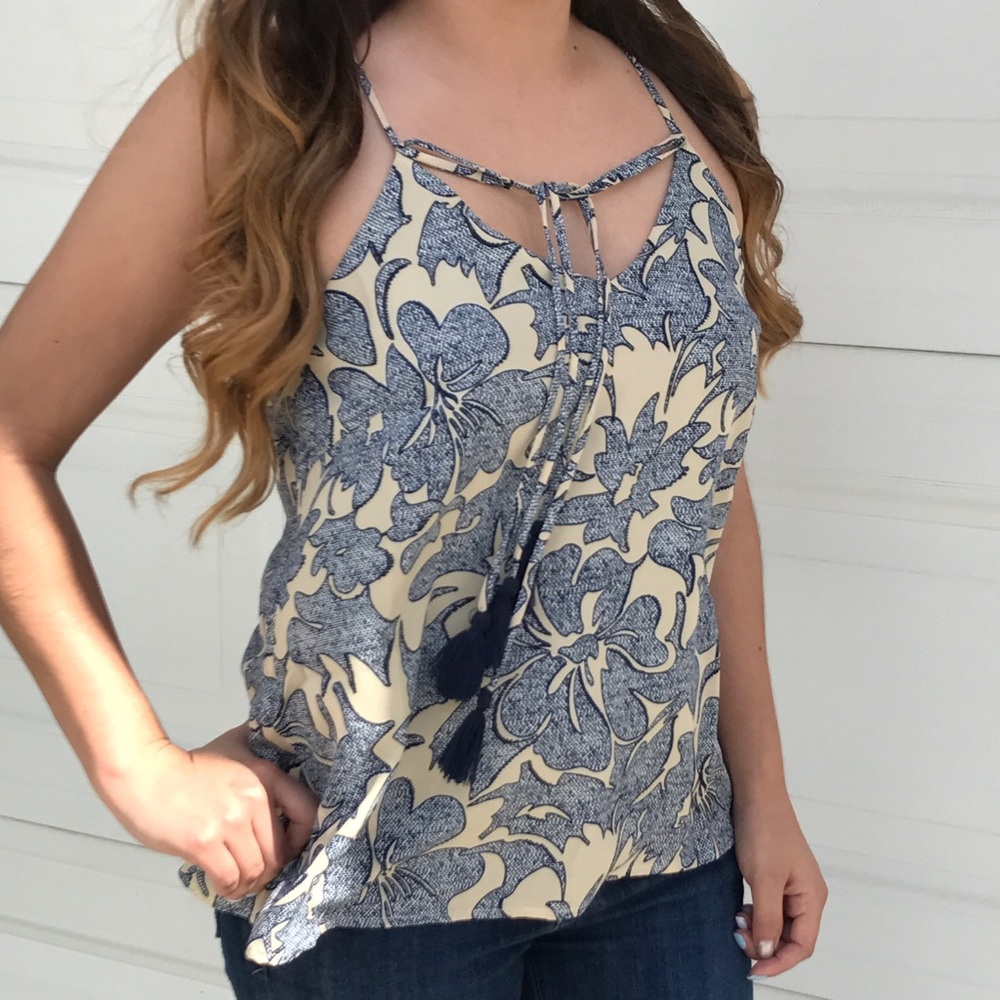 Navy & Cream Tassel Blouse