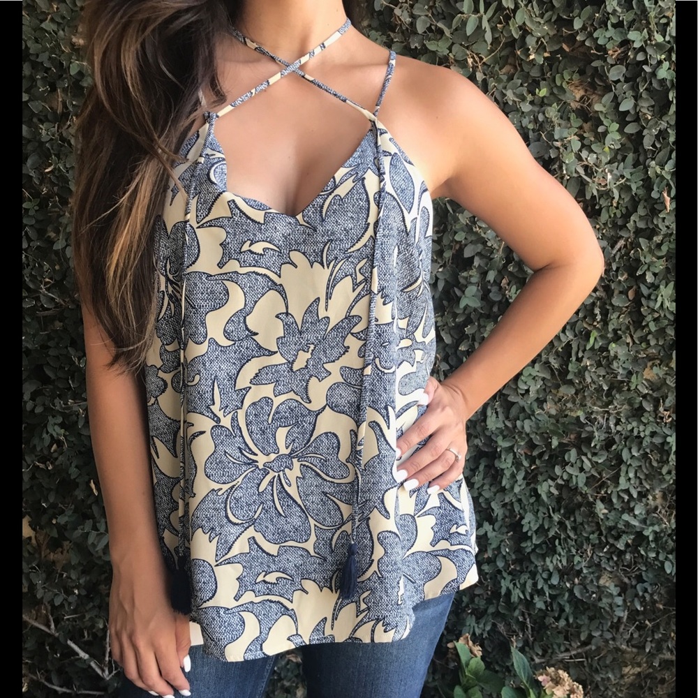 Navy & Cream Tassel Blouse - Picture 2 of 7