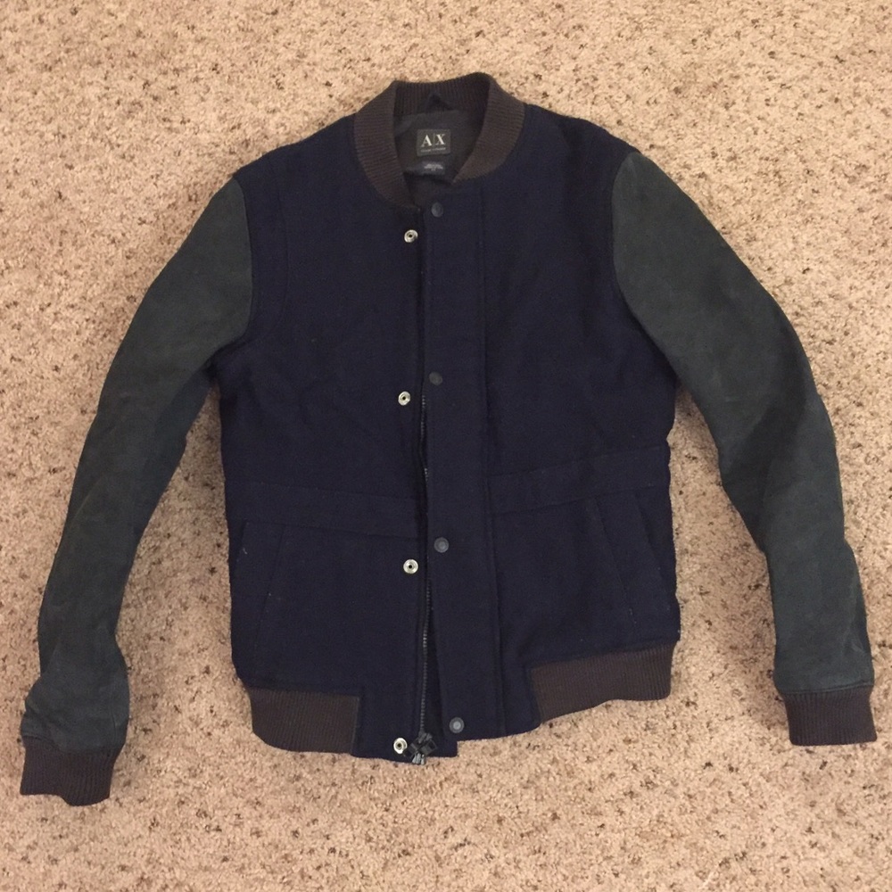 Armani Exchange leather sleeve navy bomber jacket