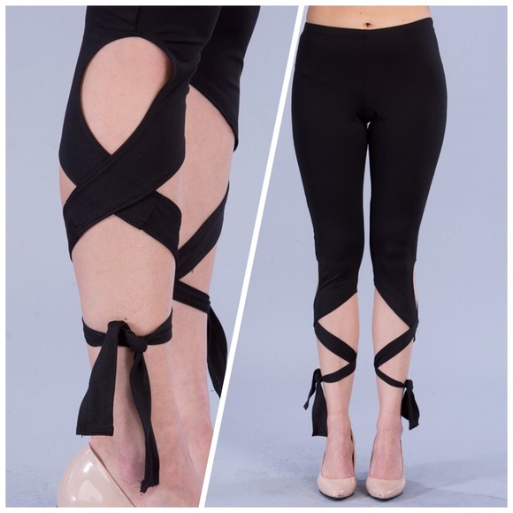 CROPPED LEGGING YOGA PANTS W/SIDE ANKLE WRAP TIE - Picture 2 of 5
