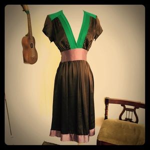 Anthropologie Brown Green Lilac Silk Dress