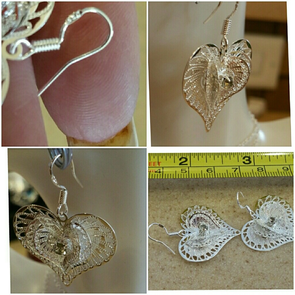 Beautiful detailed Silver Heart Earrings w/crystal - Picture 3 of 3