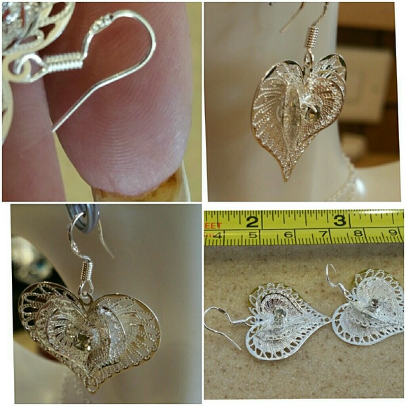 Beautiful detailed Silver Heart Earrings w/crystal - Picture 3 of 3