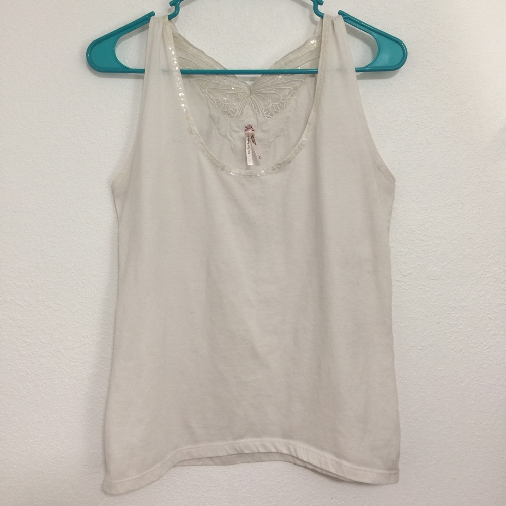 Large Free People butterfly sequin white tank