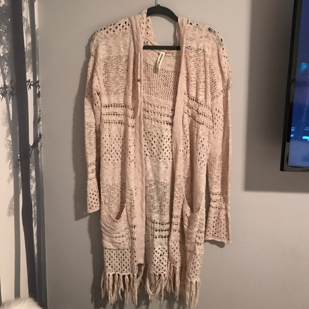 Fringe hooded cardigan