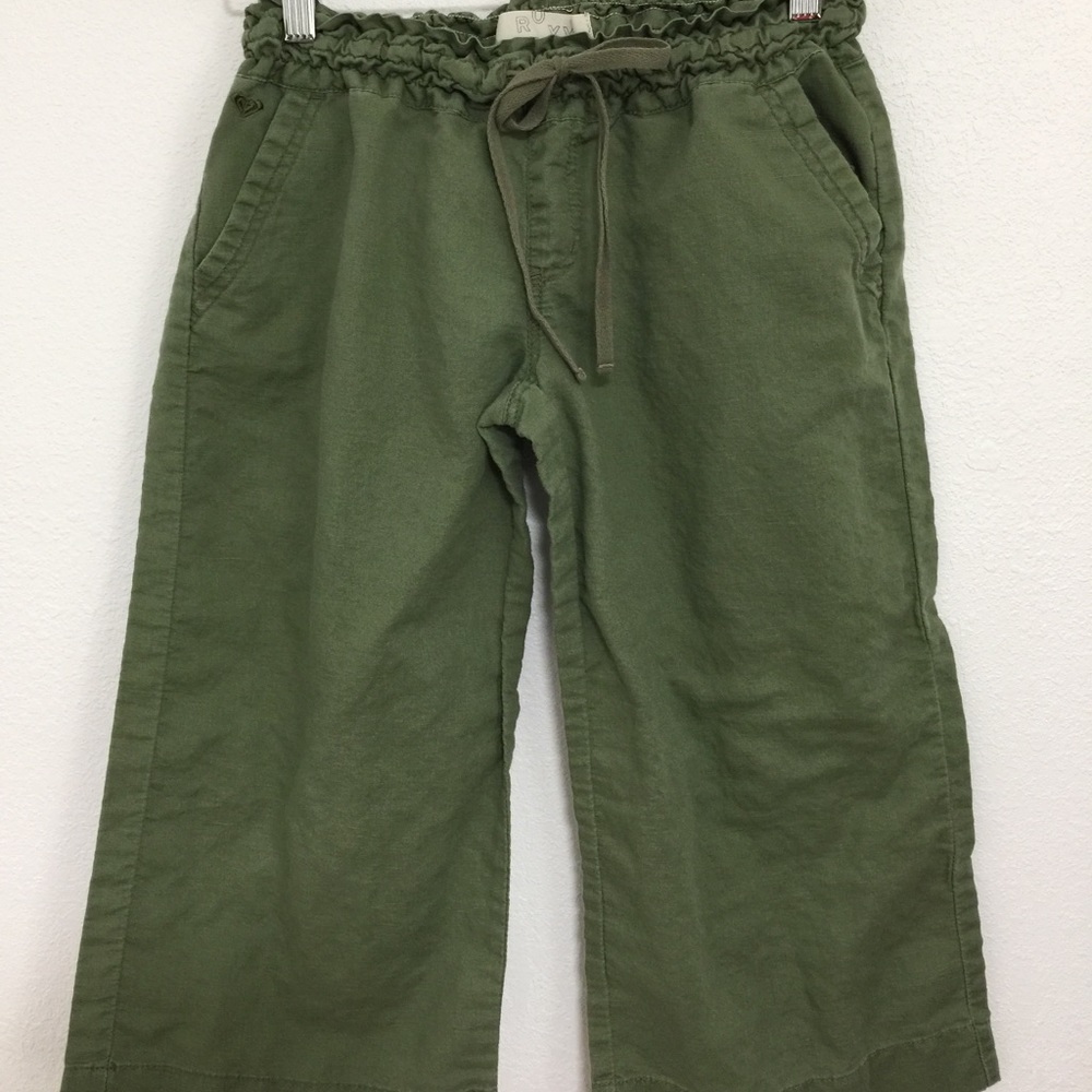 Medium green linen Roxy drawstring capris