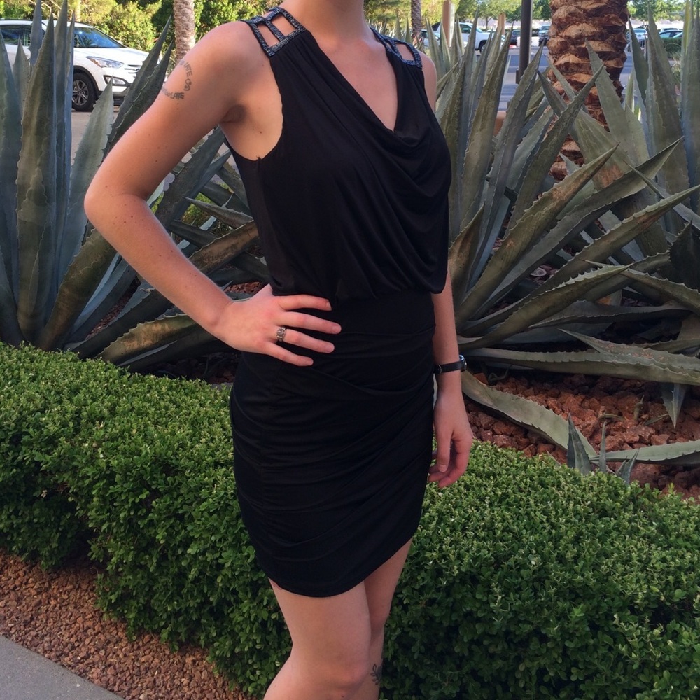 Black cowl neck mini dress