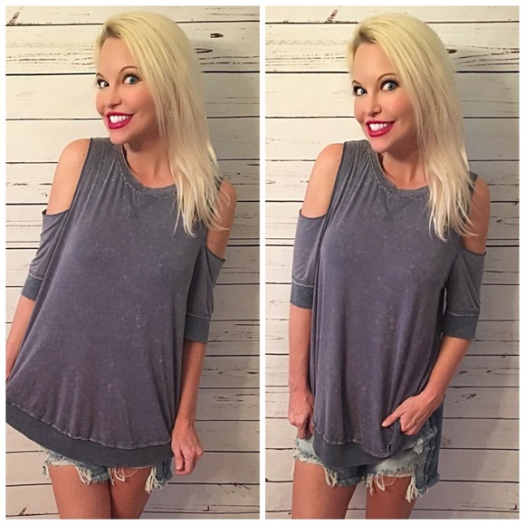 Mineral wash trim hem open shoulder top - Picture 2 of 2