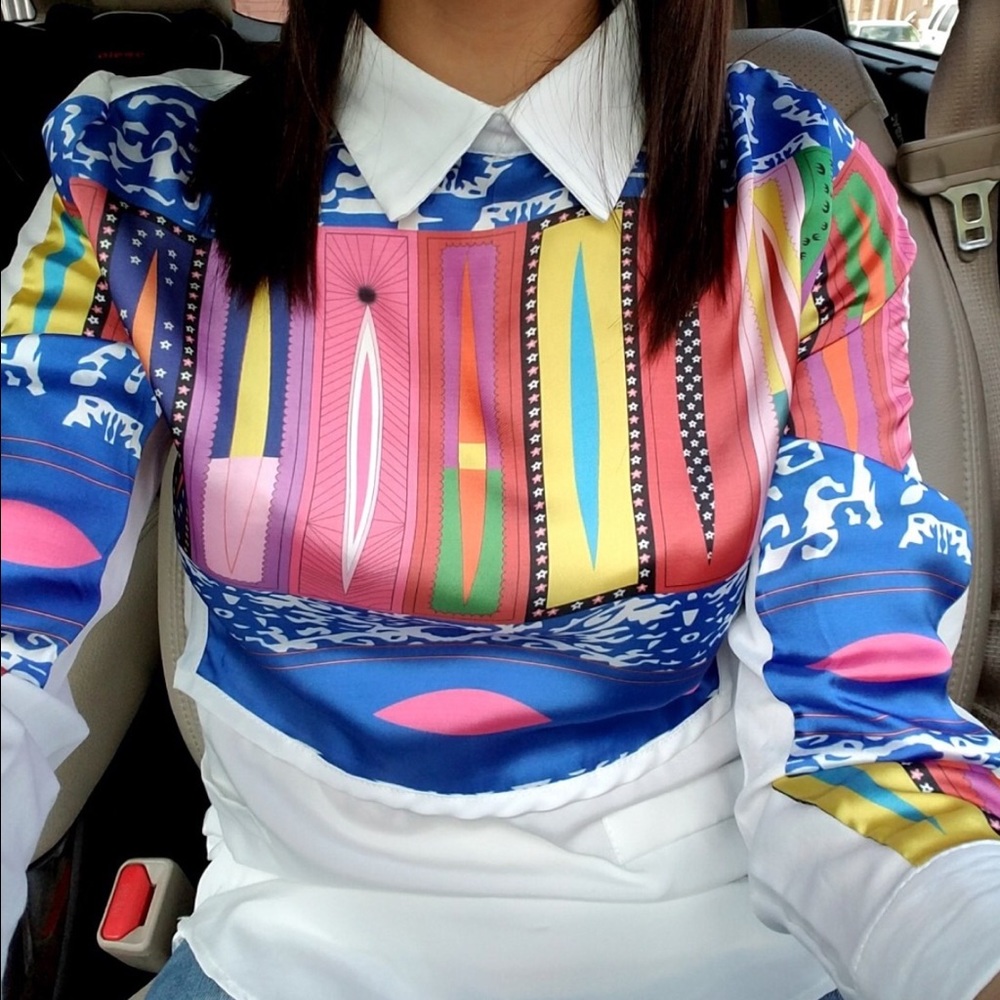 Multicolor Geometric Print Pocket Blouse