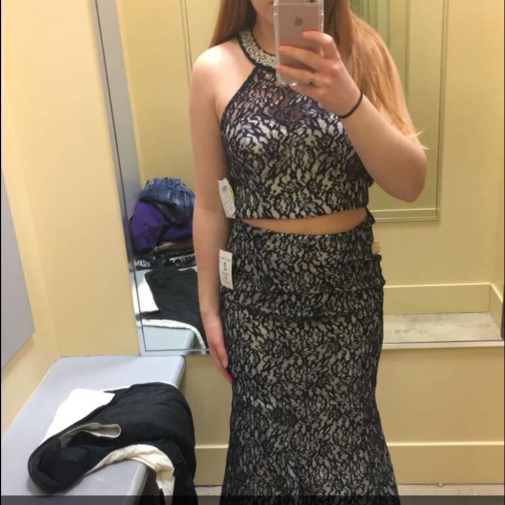 Two piece Navy Blue Lace Prom Dress