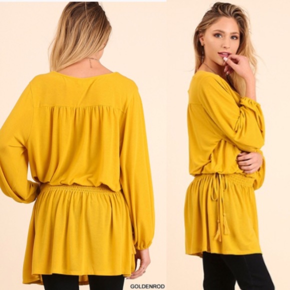 ❣LAST ONES❣ Mustard Cinched Waist Side Tie Blouse - Picture 2 of 3