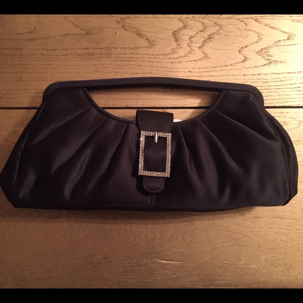 Black satin evening clutch with diamond buckle