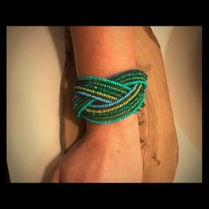 Blue green turquoise beaded cuff