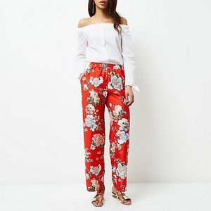 River Island red floral wide leg pants