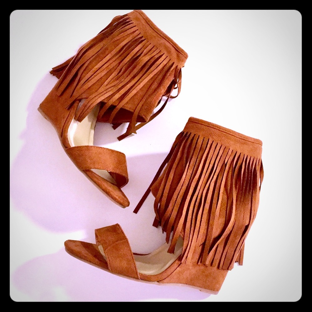 Fringe suede wedge sandals