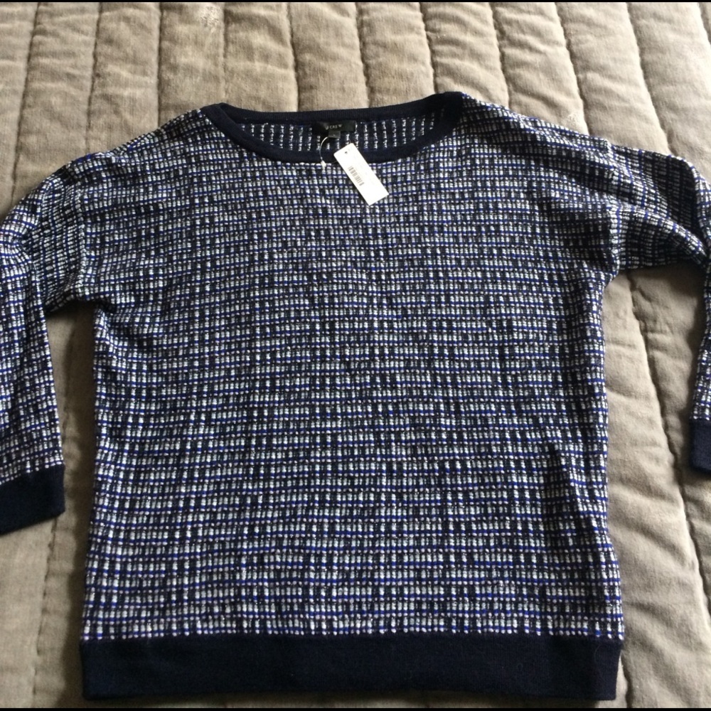 J Crew crew neck in blues with silver lurex thread