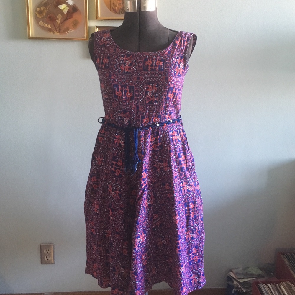 🎯 VINTAGE 50s cotton day dress with macrame belt