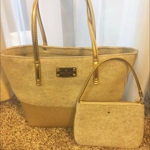 Gold and Tan Kate Spade Tote Purse with Clutch