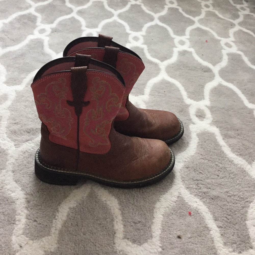 Brown and pink cowboy boots