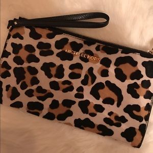 Micheal Kors pony fur leopard wristlet