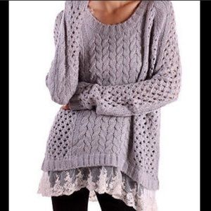 Grey Sweater with Lace Trim
