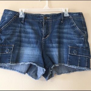 Distressed jean shorts.