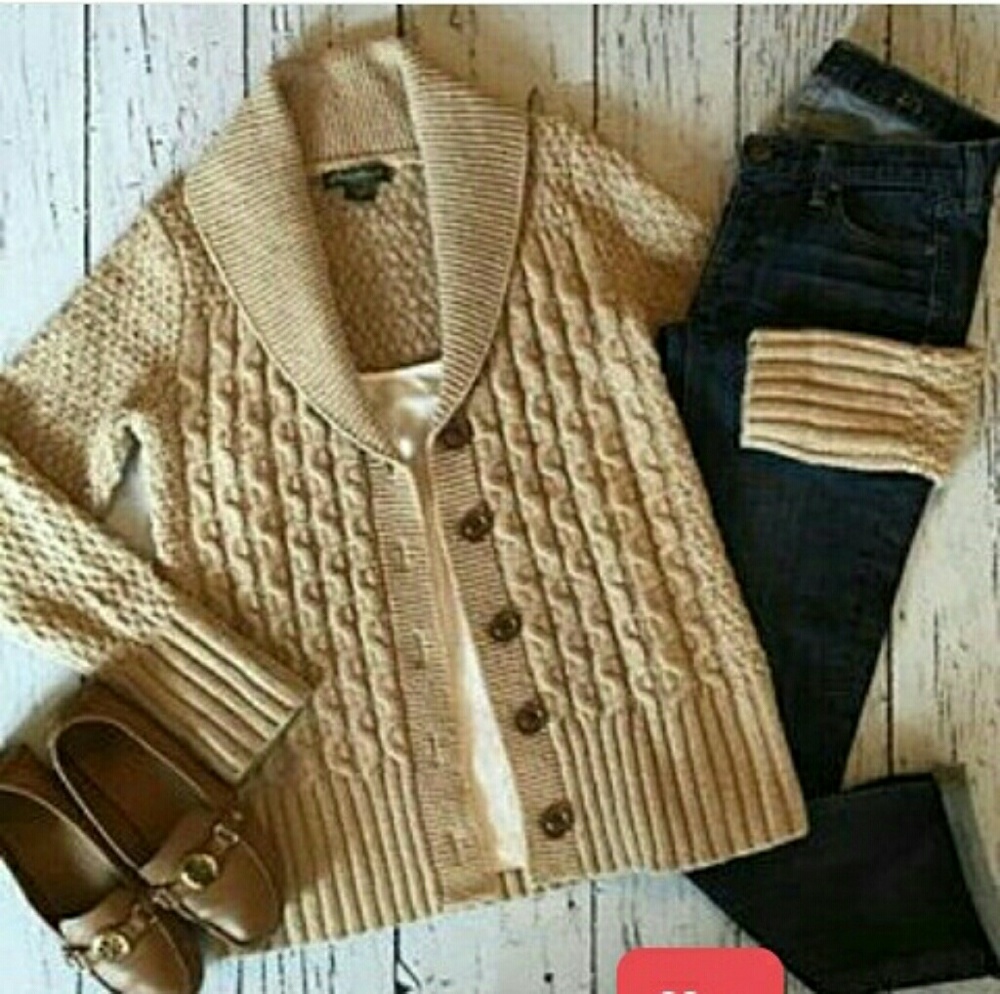Eddie Bauer Sweater Tan Button Cable knit Small