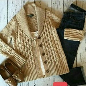 Eddie Bauer Sweater Tan Button Cable knit Small