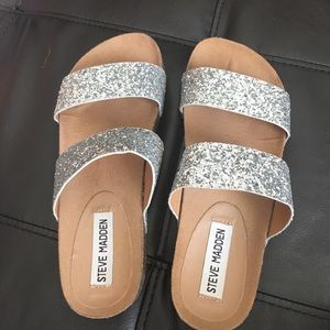 Steve Madden silver glitter Birkenstocks