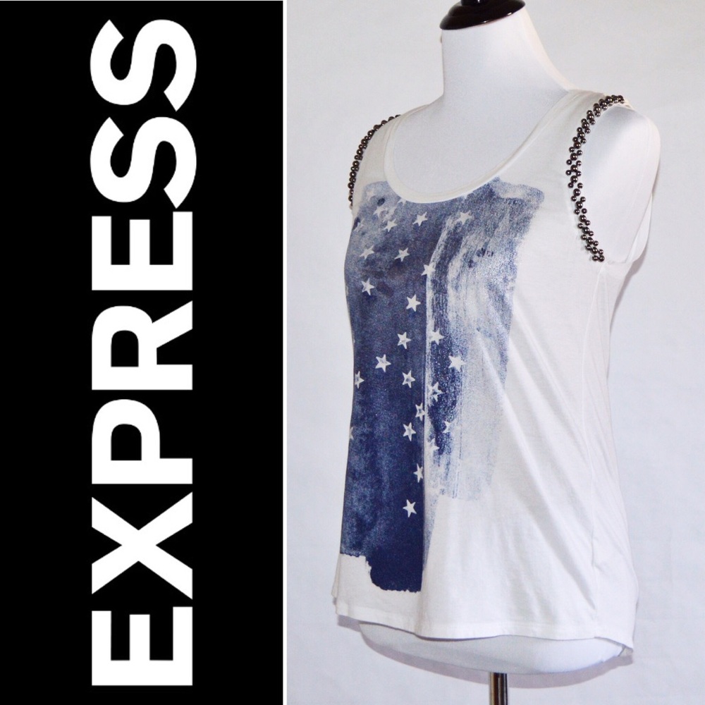 Express Sleeveless White Top / Blue Flag Design