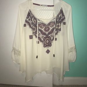 White and burgundy blouse