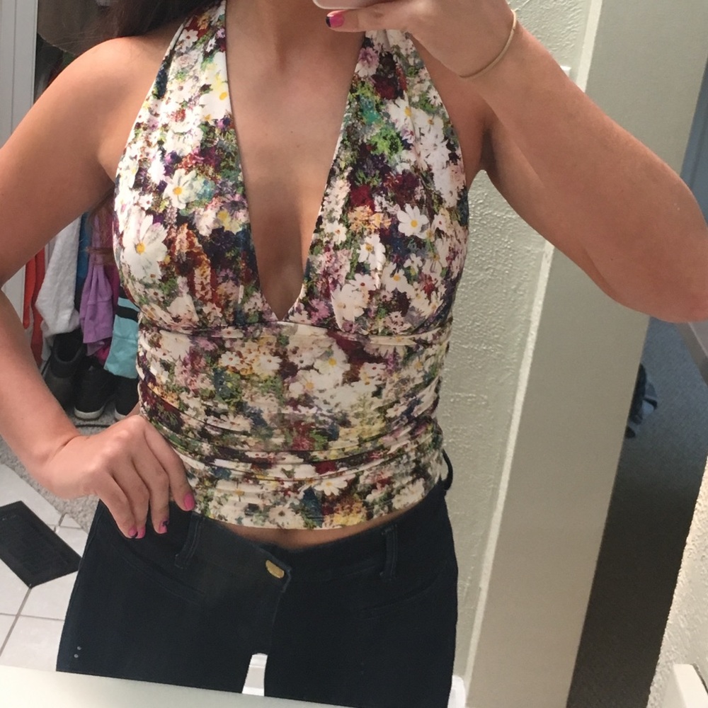 Guess XXS Cross Back Floral Plunge Top