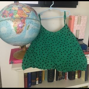 Kelly green shirt with heart polka dots