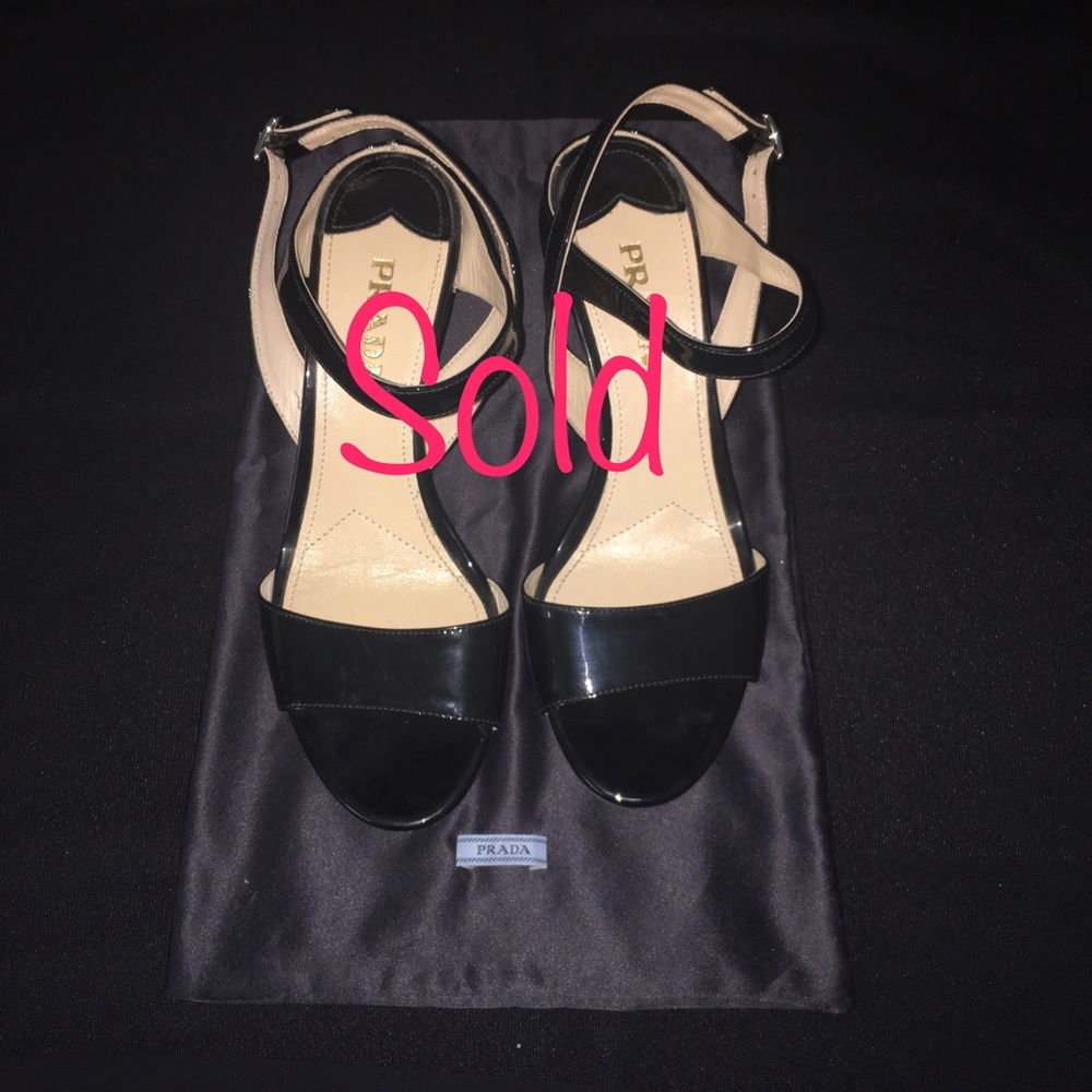 Prada Black Patent Leather Wedge Sandals